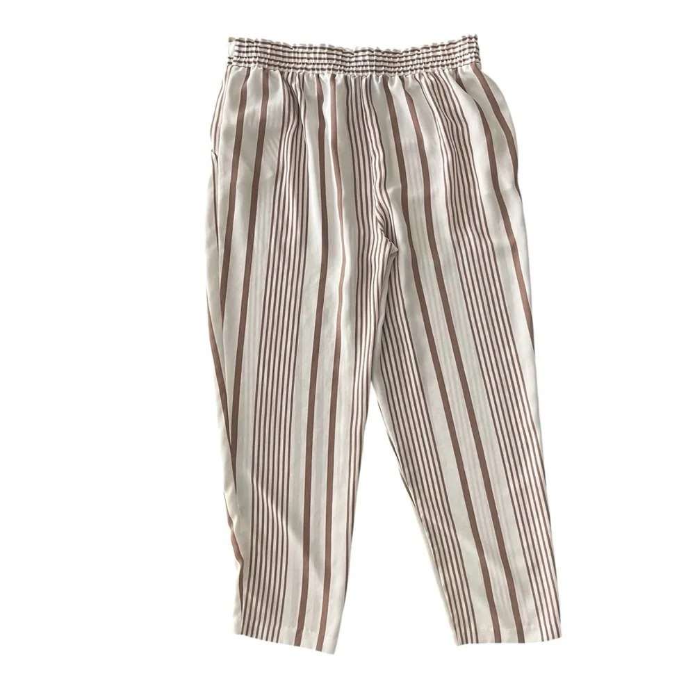 NYCC Striped Boho Tapered Pants L Neutral White Tan Coastal - Picture 2 of 9